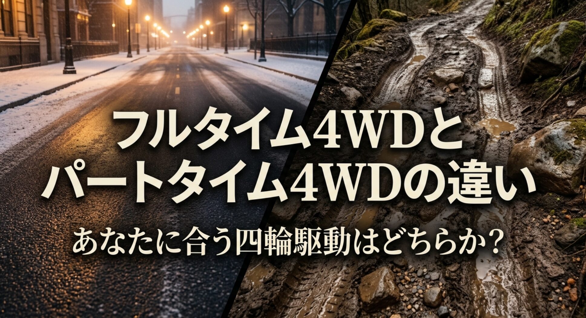 雪道の舗装路と悪路を対比しながら、フルタイム4WDとパートタイム4WDの違いを示したタイトルスライド