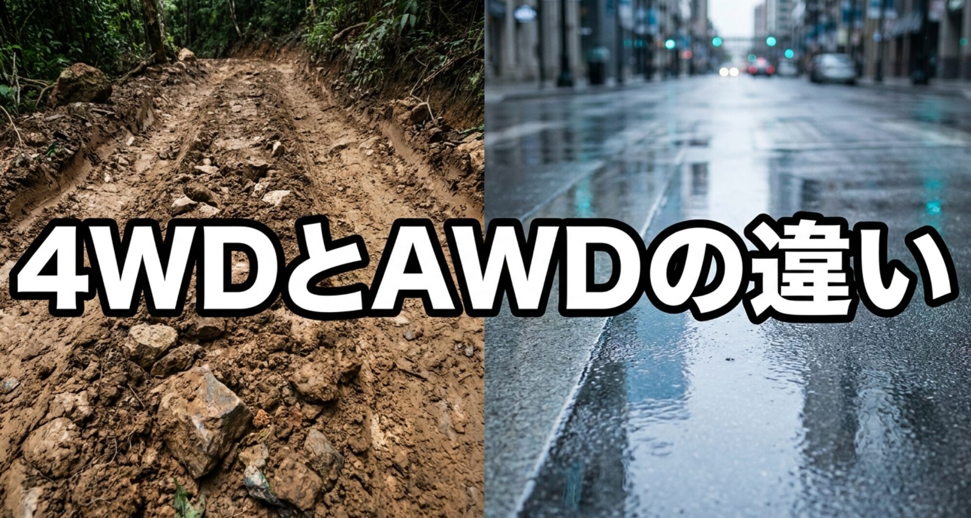 泥道と雨の街路を対比しながら、4WDとAWDの違いを示した導入画像