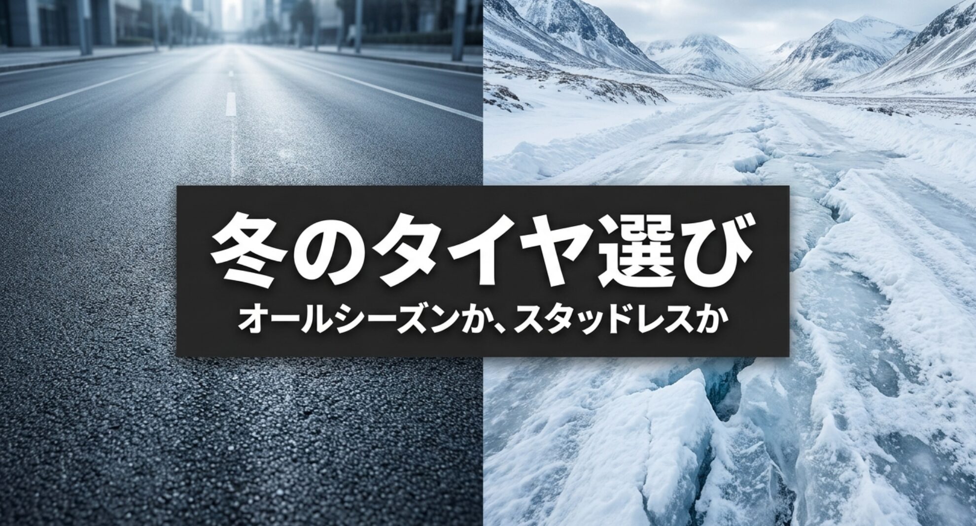 冬の舗装路と雪道を対比し、オールシーズンタイヤとスタッドレスの選び方を示すタイトル画像