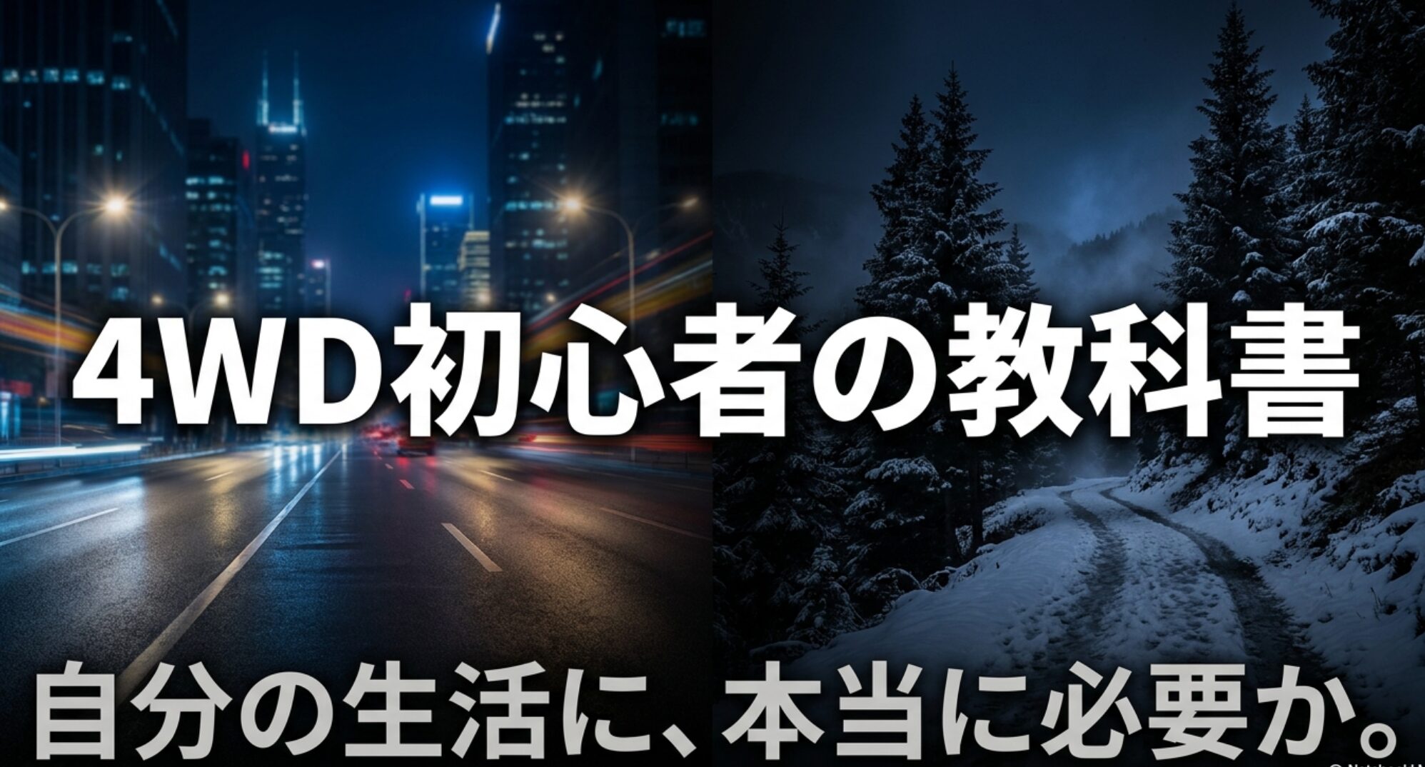 都市部の道路と雪道を対比しながら、4WD初心者が自分の生活に本当に必要かを考える導入スライド
