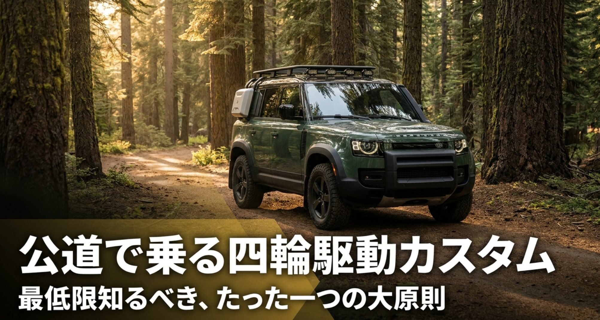森の中に停車する4WD車と、公道で乗る四輪駆動カスタムの基本原則を示すタイトルスライド