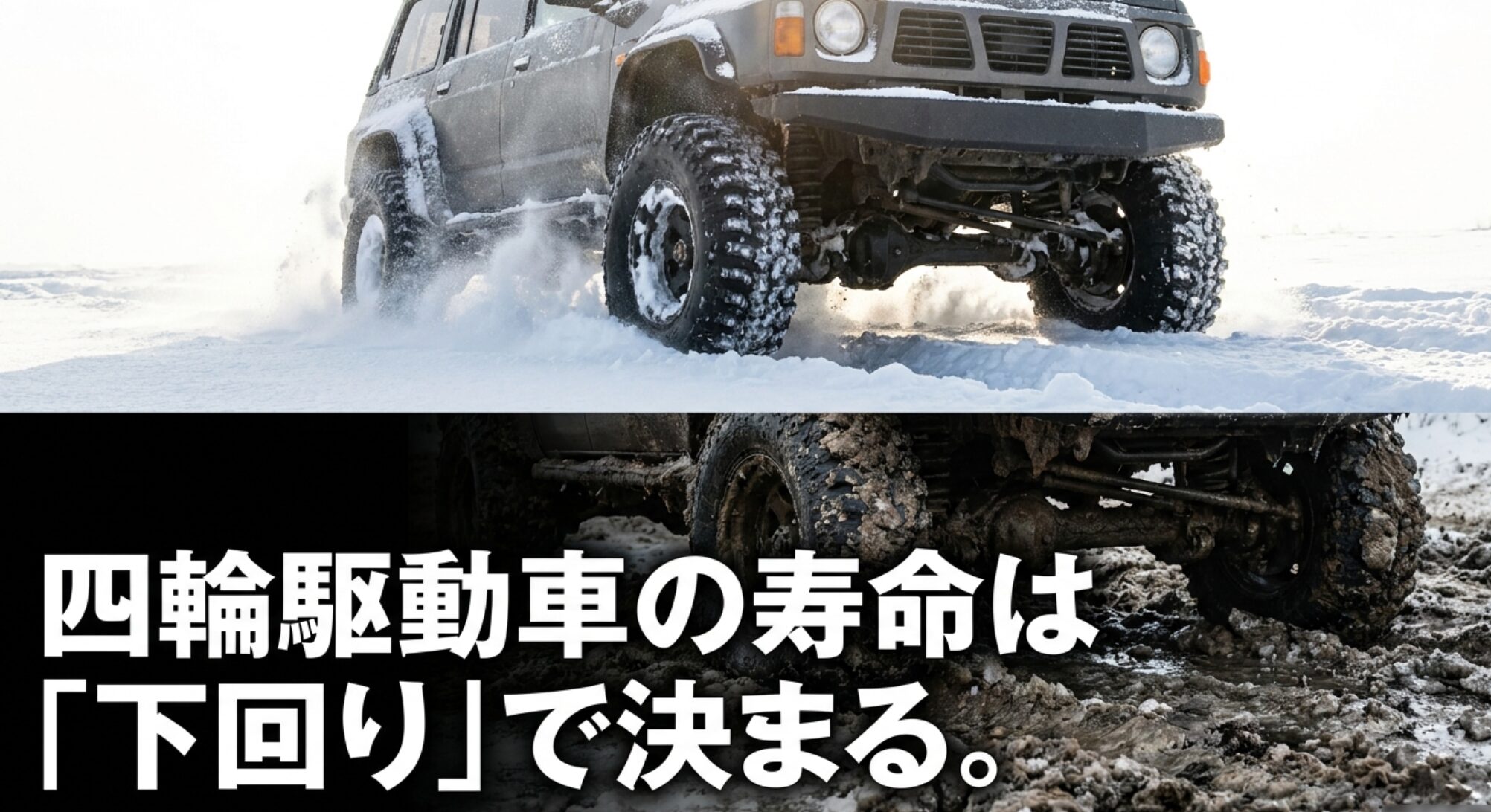 雪道と泥道を走る4WDを背景に、四輪駆動車の寿命は下回りの状態で決まることを示す画像