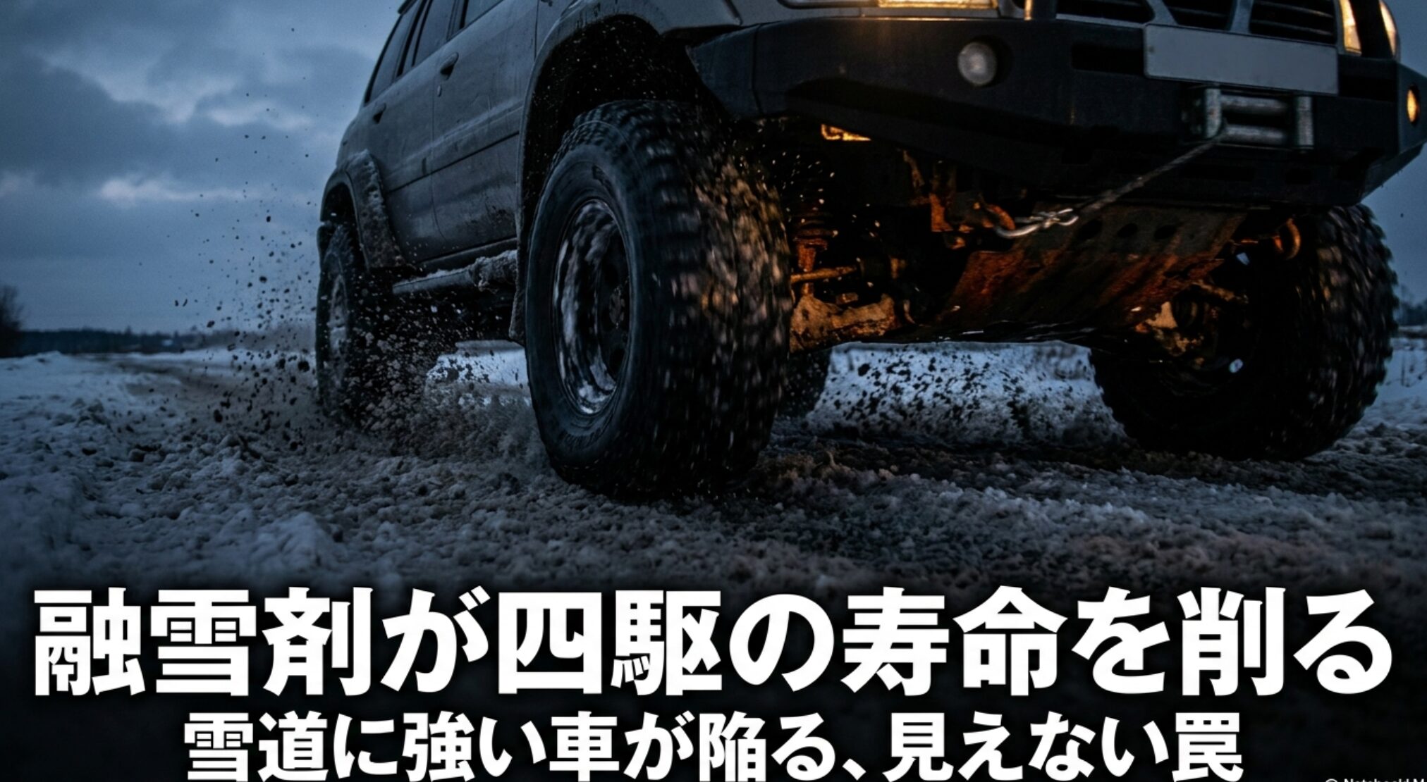 雪道を走る4WDの下回りに融雪剤混じりの泥水が跳ね上がる様子
