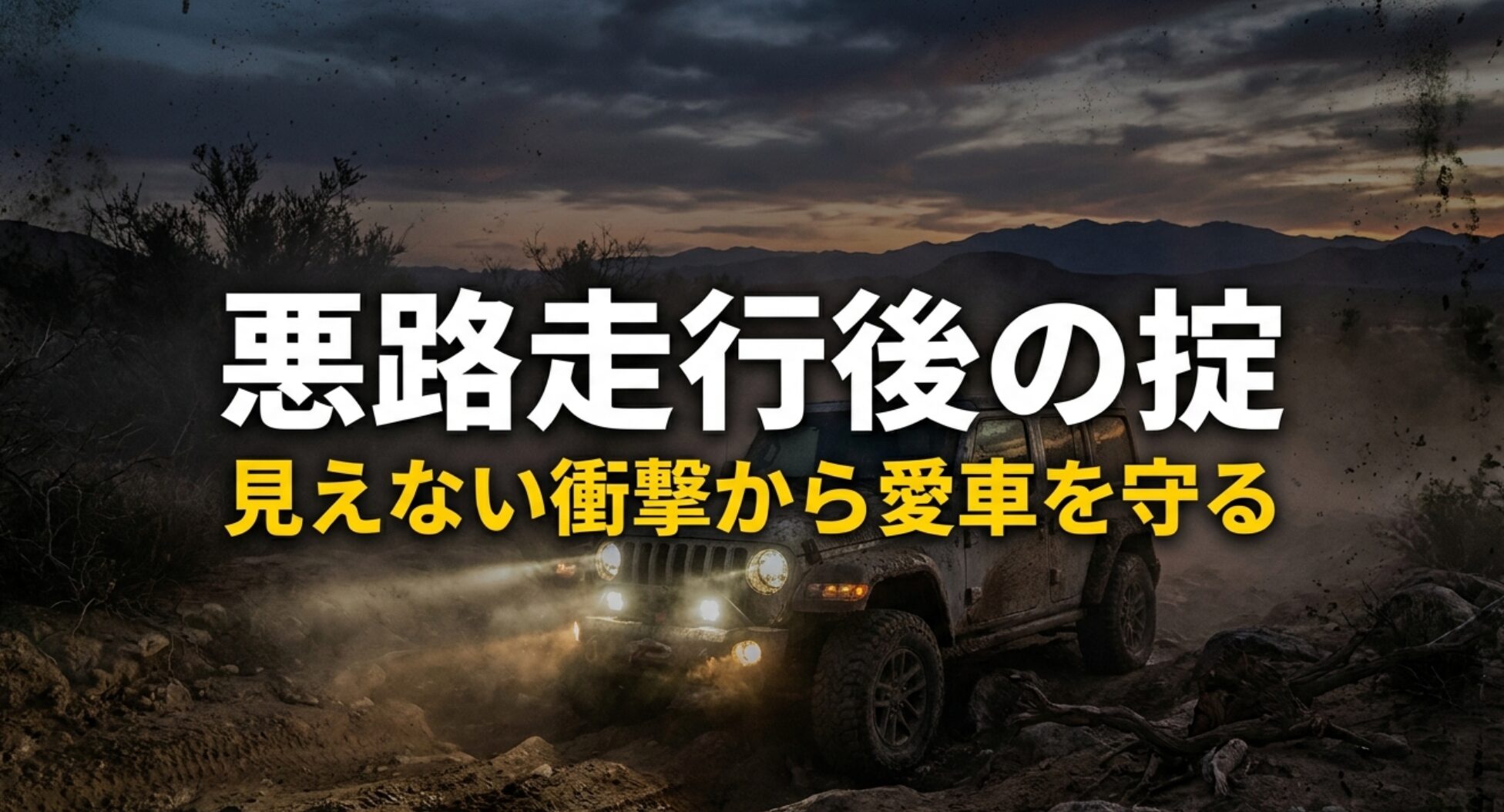 悪路を走る4WDと「悪路走行後の掟、見えない衝撃から愛車を守る」という見出しのスライド