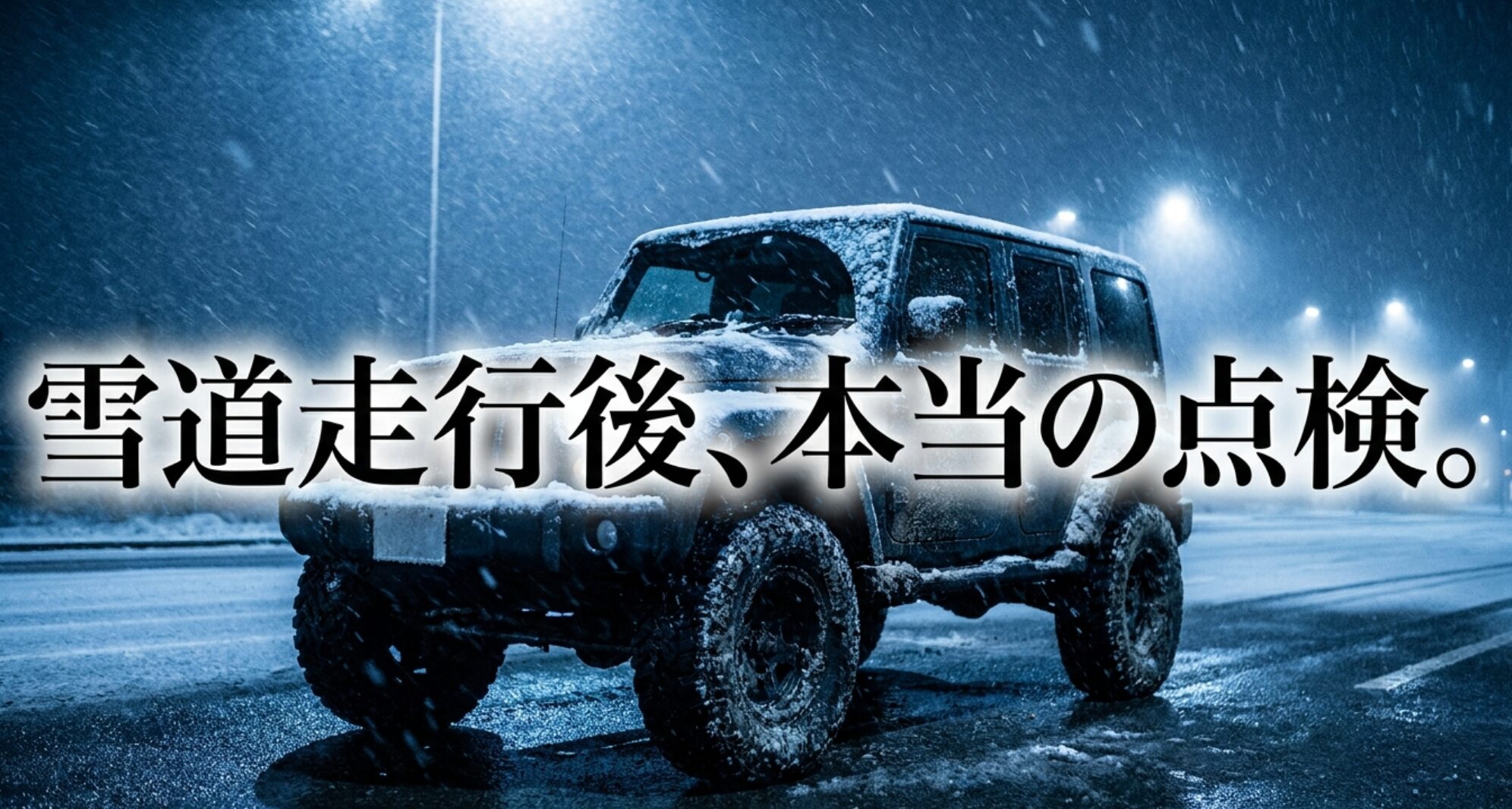 雪の夜道に停車した4WDと「雪道走行後、本当の点検。」の文字が表示されたスライド
