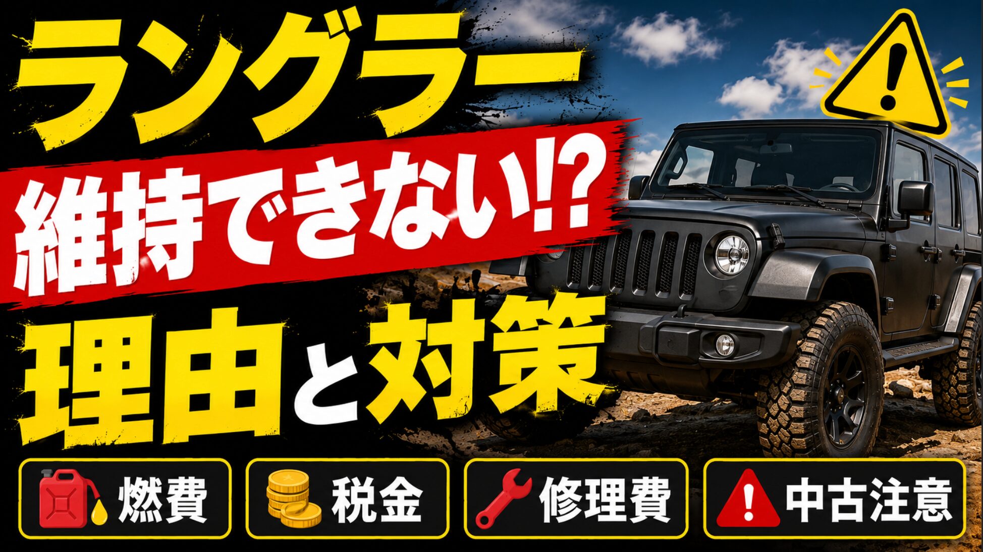 夕暮れの岩場に停まるジープ・ラングラーと、維持費の現実を問いかけるスライド