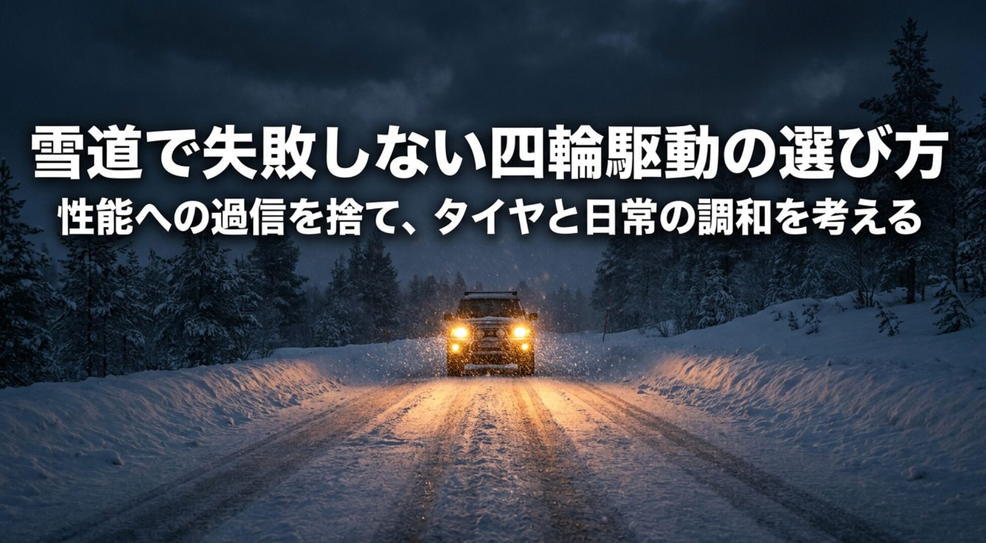 雪道を走る4WD車と「性能への過信を捨て、タイヤと日常の調和を考える」というメッセージを示したアイキャッチ画像