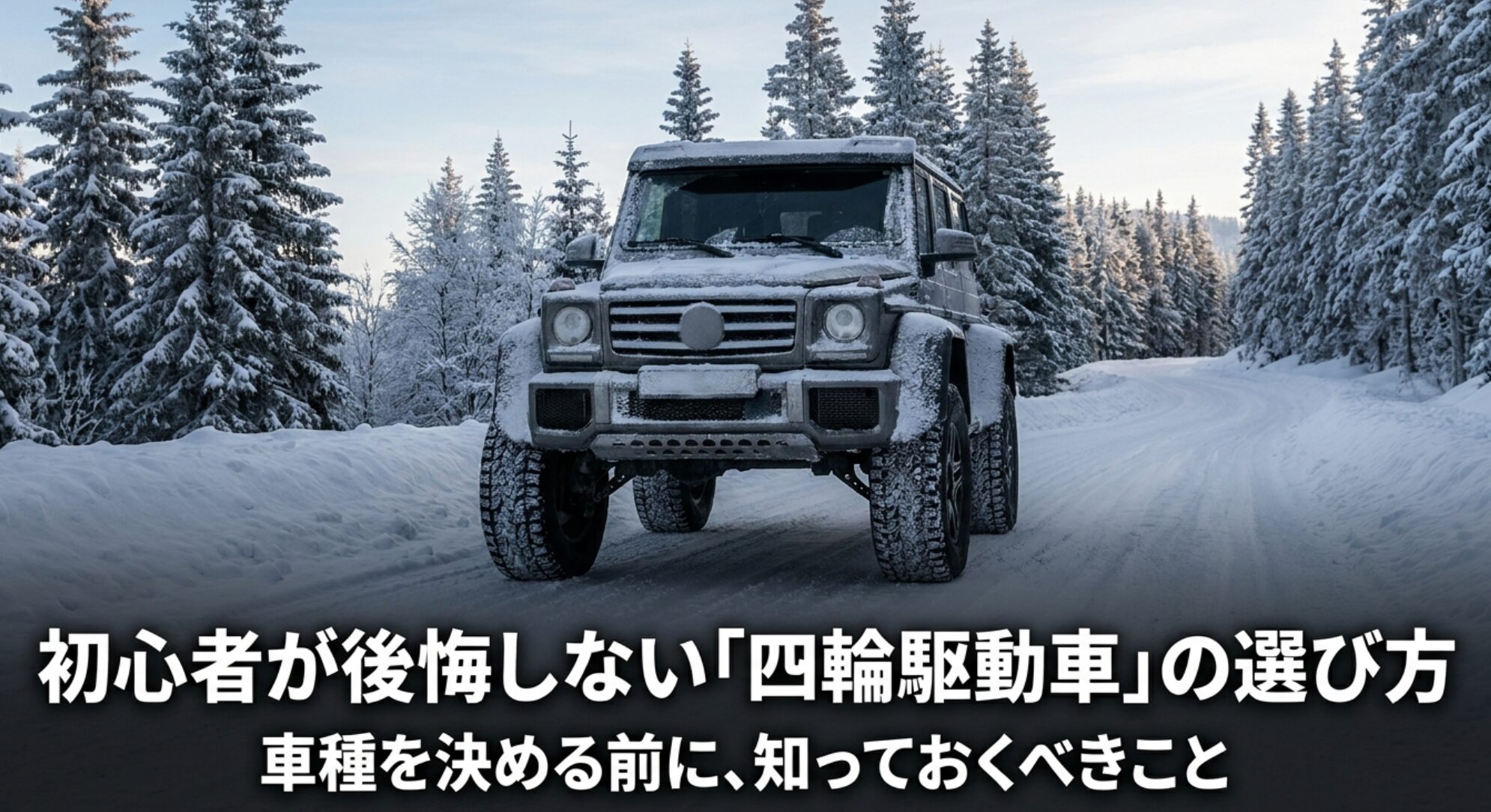 雪道を走る四輪駆動車と、初心者が車種を決める前に知っておくべき考え方を示したメインビジュアル