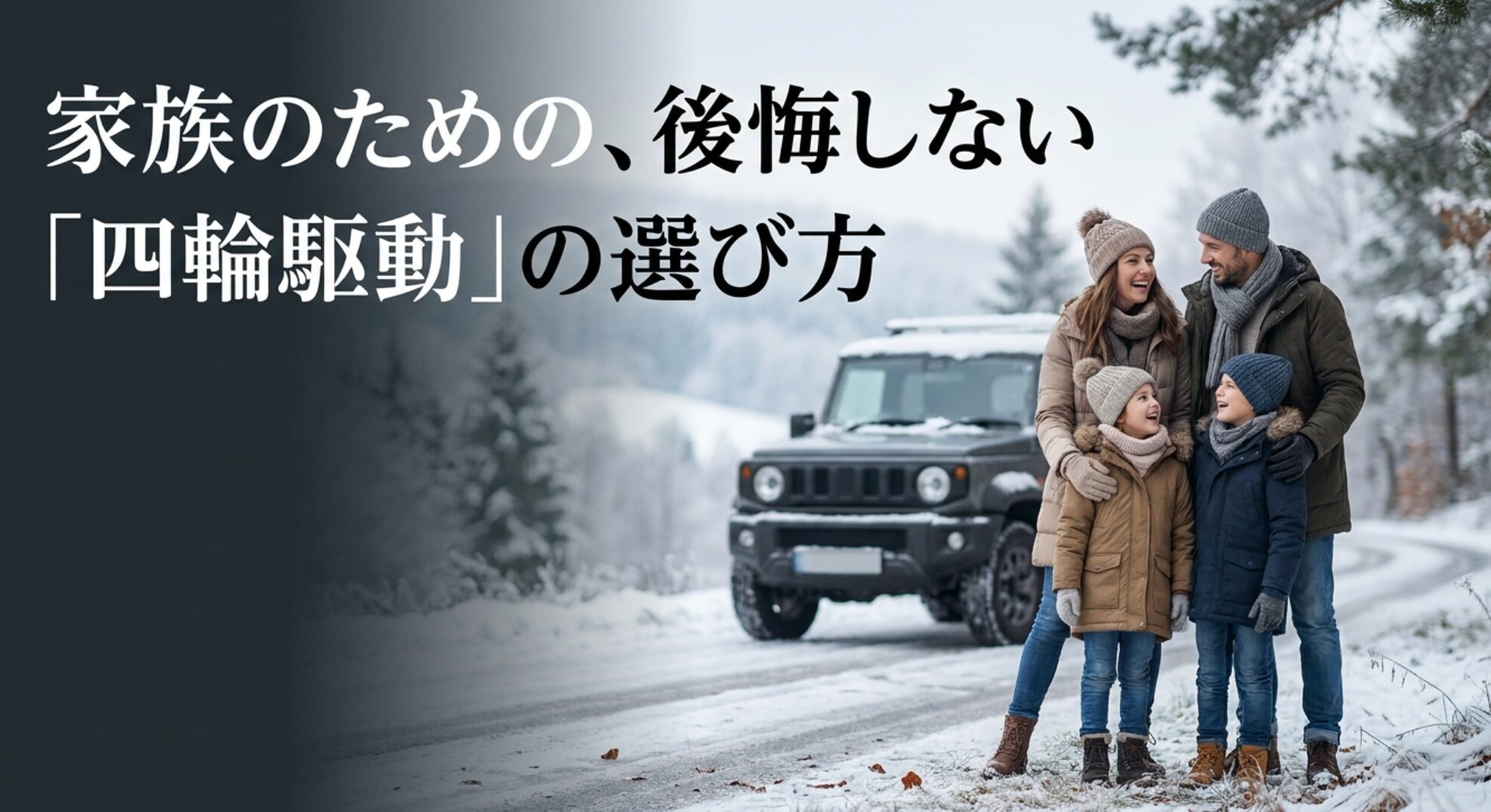 雪道に停まる4WD車と家族の写真。家族で使う四輪駆動車を後悔なく選ぶ考え方を示している。