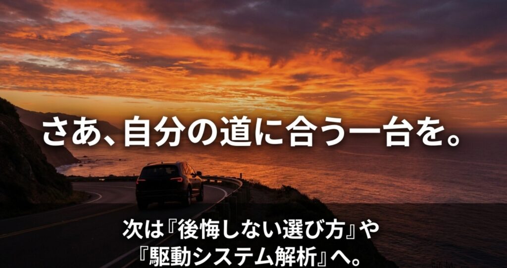夕焼けの海沿いを走る車とともに、自分の道に合う一台を選び、次の記事へ進むことを促す締めのスライド