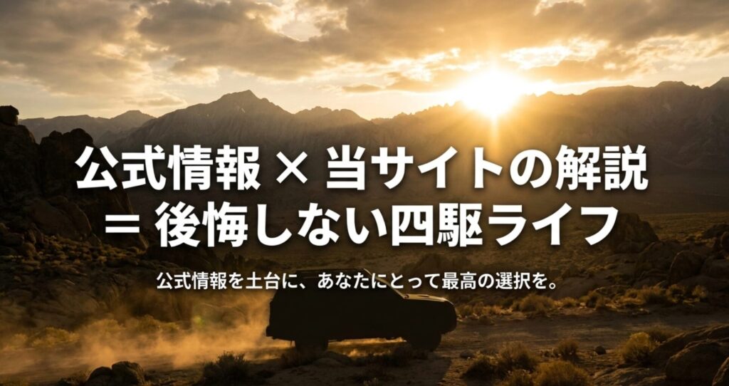 夕日の山道を走る四輪駆動車を背景に、公式情報とサイト解説を組み合わせて後悔しない4WD選びを目指す締めのスライド。