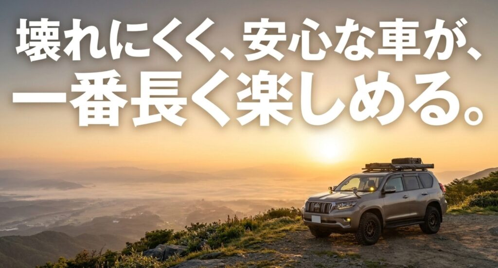 夕日の山道に停まる4WD車と、壊れにくく安心な車が長く楽しめるというメッセージを示す締めのスライド