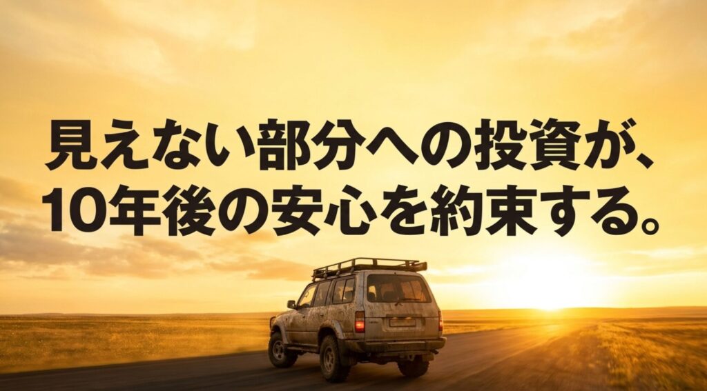 夕日の道を走る4WDを背景に、見えない下回りへの投資が長期的な安心につながることを示す画像