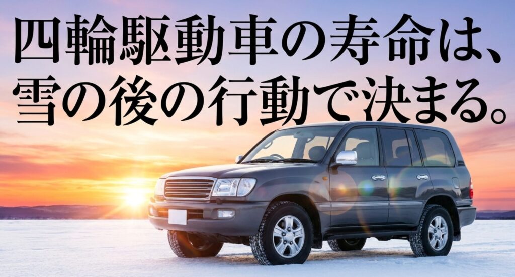 雪原に立つ4WDと、四輪駆動車の寿命は雪の後の行動で決まるというメッセージを示す締めのスライド