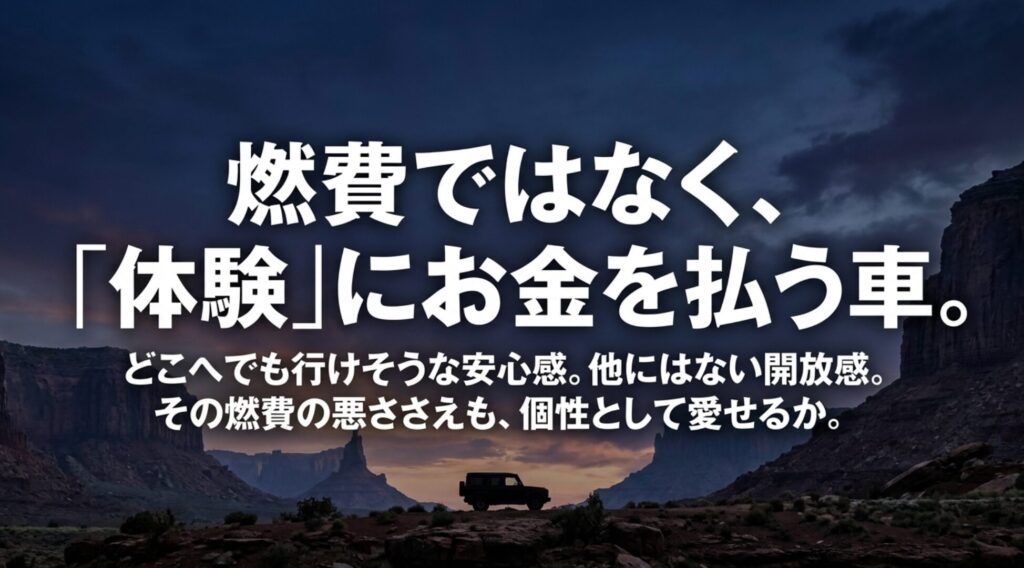 Jeepラングラーは燃費ではなく開放感や安心感などの体験価値にお金を払う車だとまとめるスライド