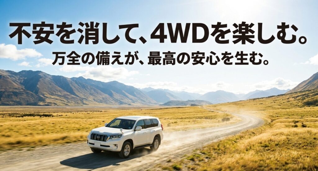 明るい道を走る4WDとともに、万全の備えが安心につながることを伝える締めのスライド