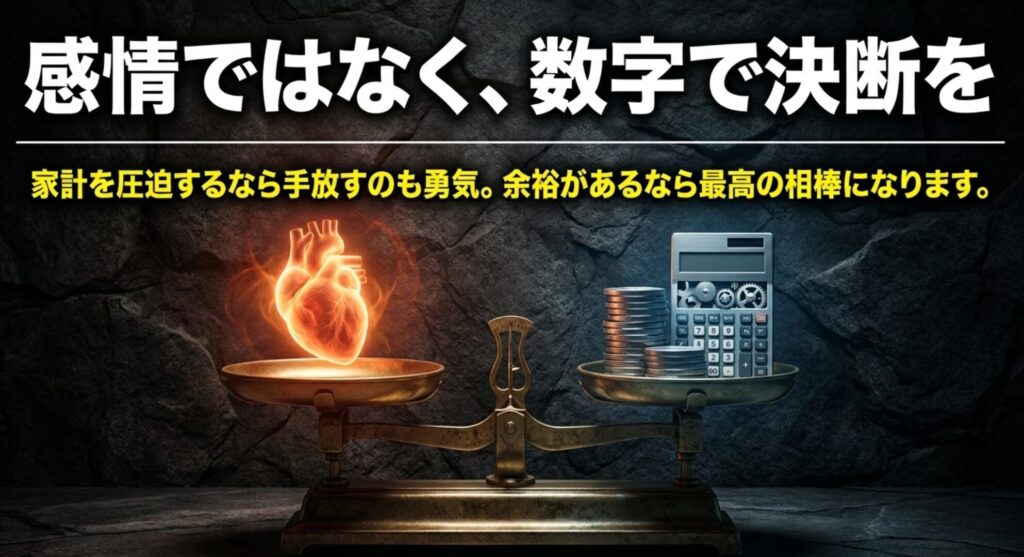 感情とお金を天秤にかけ、ラングラーを維持するか手放すかを数字で判断する重要性を示すスライド