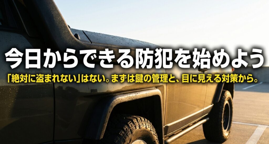 FJクルーザーの盗難対策は鍵の管理と見える物理対策から始めるべきことを示すまとめスライド