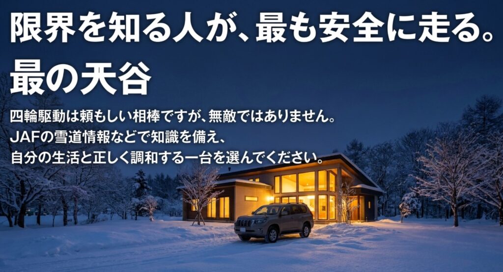 雪景色の家と4WD車を背景に、四輪駆動は頼もしい相棒だが無敵ではなく、限界を知ることが安全につながると伝える締めのスライド