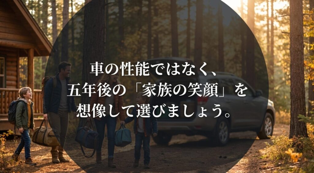森の中の宿泊先で家族と車が写る写真。車の性能だけでなく、長く家族が笑顔で使える4WDを選ぶ大切さを表している。