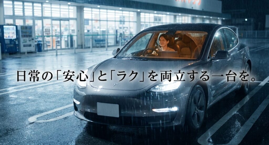 雨の日のスーパー前に停まる車と「日常の安心とラクを両立する一台を。」の文字で記事全体を締めるスライド。