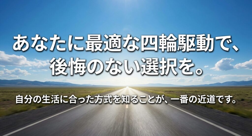 自分の生活に合った四輪駆動を知ることが、後悔のない選択につながることを示した締めのスライド