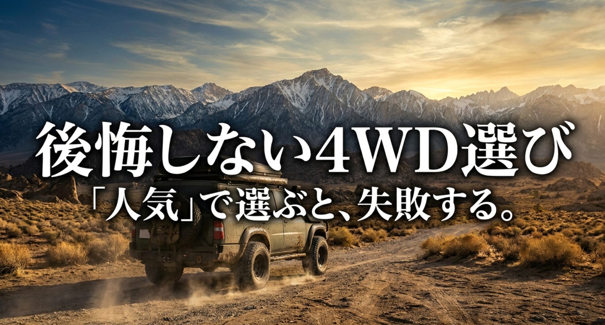 オフロード走行中の四輪駆動車の足回りを背景に、4WD選びでは公式情報を確認する重要性を示した表紙スライド。