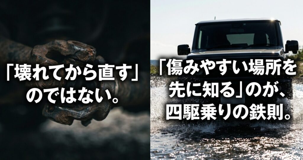 錆びた部品と水辺を走る4WDを対比し、故障後の修理より予防点検が重要だと示すスライド