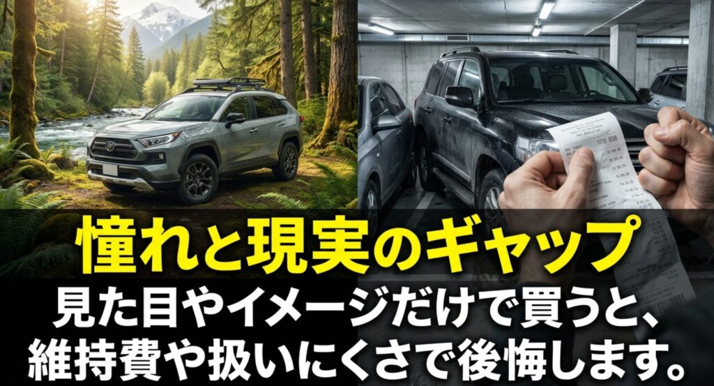 森の中の4WDと駐車場の車、維持費の明細を対比し、見た目だけで買うリスクを示すスライド