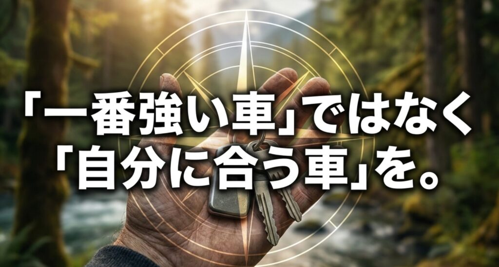 森を背景に車の鍵を持つ手と「一番強い車ではなく自分に合う車を」という文字が表示されたスライド