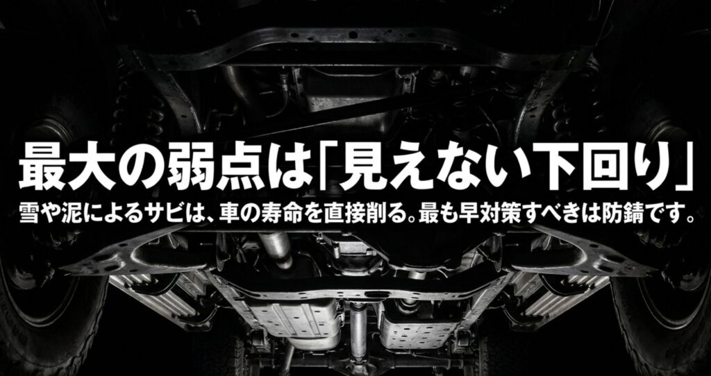車体下部の写真を背景に、雪や泥によるサビ対策と下回り防錆の重要性を伝えるスライド
