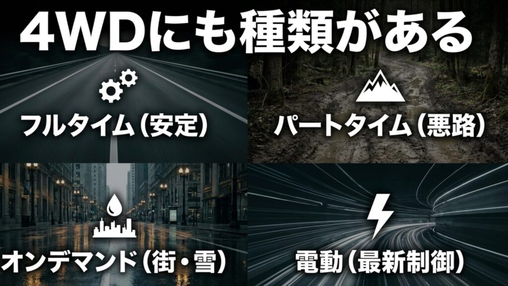 フルタイム4WD、パートタイム4WD、オンデマンド4WD、電動4WDの4種類を比較したスライド