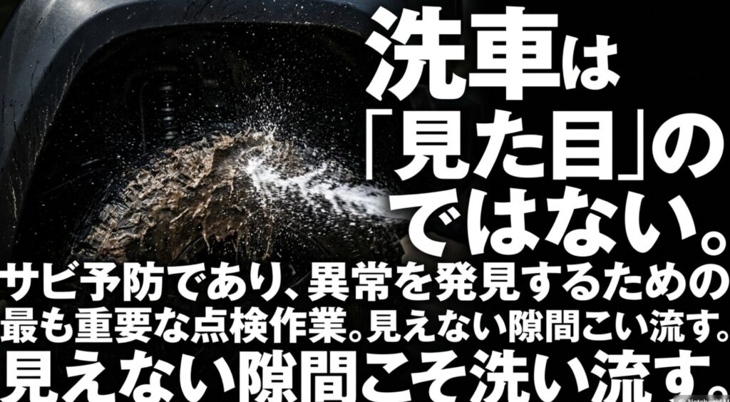 タイヤハウス周辺を洗い流す様子と、見えない隙間の汚れを落とす重要性を示すスライド