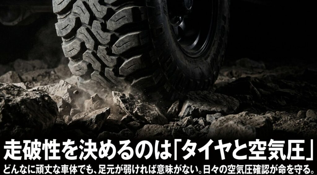 岩場を走るオフロードタイヤの写真と、タイヤ状態や空気圧確認が安全性を左右することを伝えるスライド