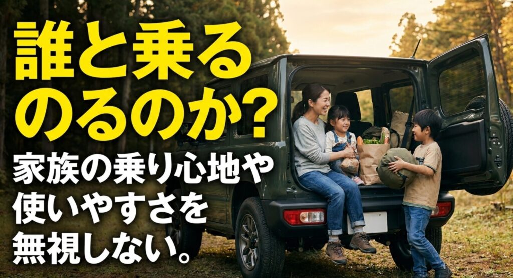 森の中で4WDの荷室に座る家族と、家族の乗り心地や使いやすさを無視しないという文字のスライド