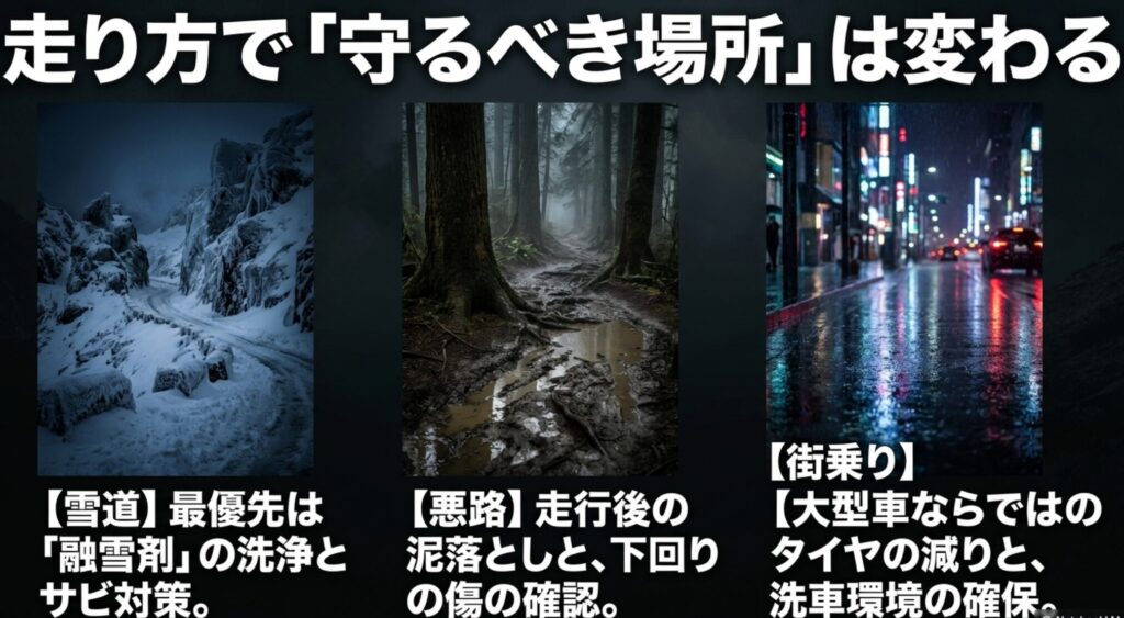 雪道、悪路、街乗りの3場面を並べ、それぞれで優先すべきメンテナンスが異なることを示すスライド