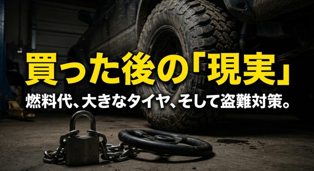 ガレージ内の大きなタイヤ、鍵、チェーンを背景に、燃料代・タイヤ・盗難対策の現実を示すスライド