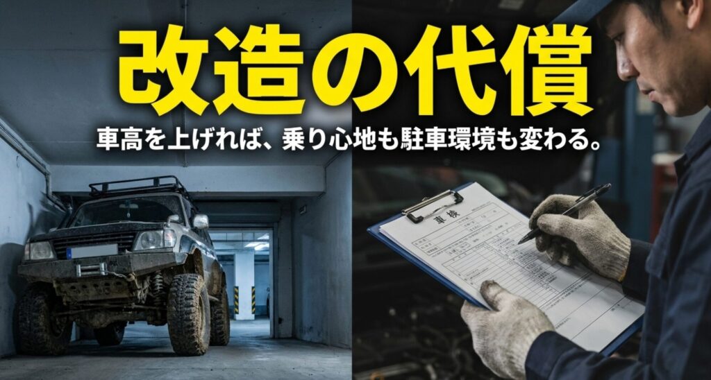 車高を上げた4WDと整備士の点検風景を並べ、リフトアップや改造の代償を示すスライド