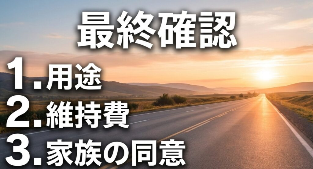 夕日の道路を背景に、用途・維持費・家族の同意という4WD選びの最終確認項目を示すスライド