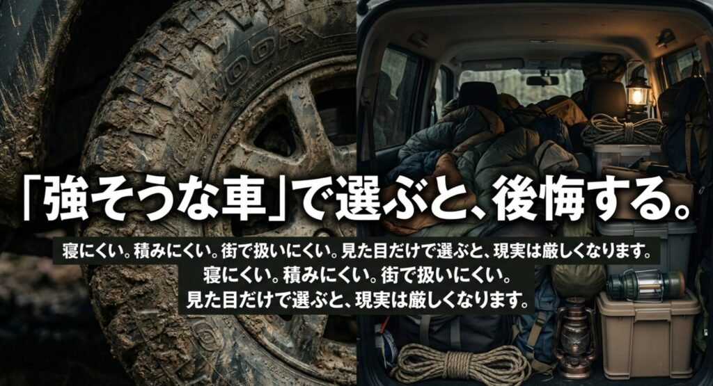 泥のついたタイヤと荷物でいっぱいの車内を背景に、見た目だけで4WDを選ぶと後悔しやすいことを示したスライド
