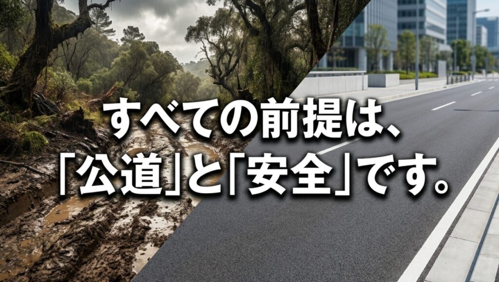 悪路と公道を対比し、四輪駆動車情報の前提が公道利用と安全性であることを示したスライド