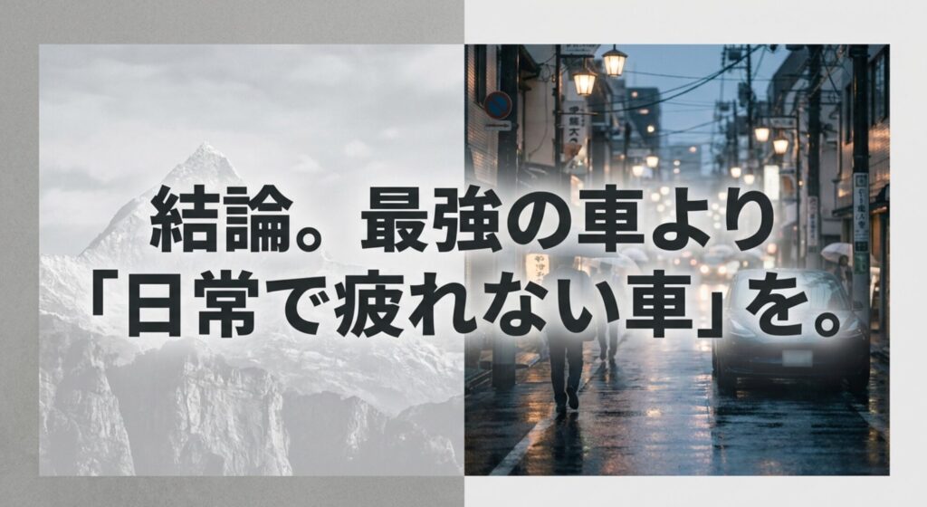 雪山と雨の街並みを対比し、「最強の車より日常で疲れない車」を選ぶ考え方を示したスライド。
