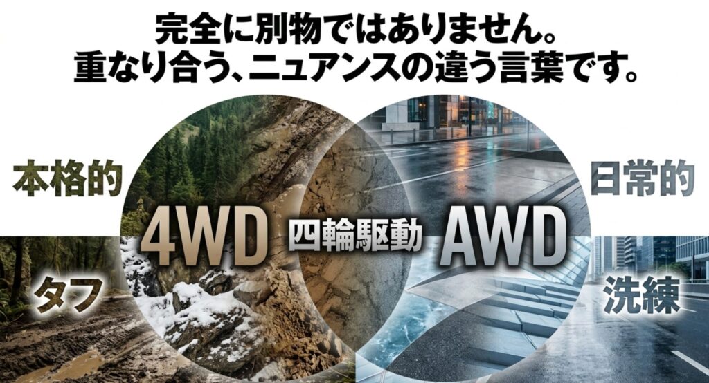4WDとAWDは完全に別物ではなく、重なり合う部分とニュアンスの違いがあることを示した比較図