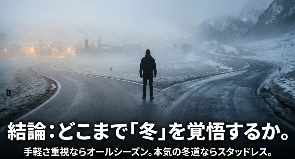分かれ道に立つ人物と冬道を背景に、手軽さ重視ならオールシーズン、本気の冬道ならスタッドレスと示す画像