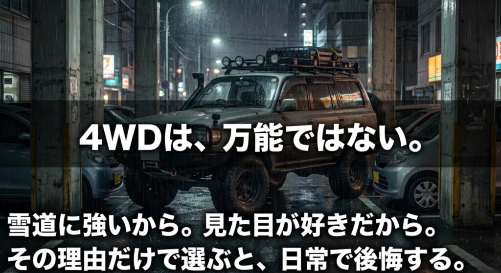 雪道に強い、見た目が好きという理由だけで4WDを選ぶと日常で後悔しやすいことを伝えるスライド