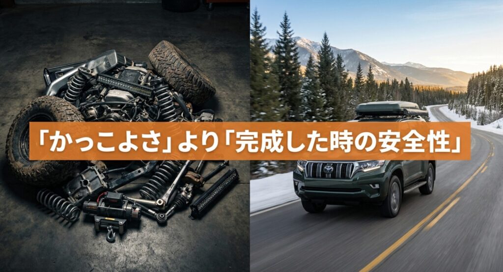 カスタムパーツと雪道を走る4WD車を対比し、見た目より完成状態の安全性を優先すべきことを示すスライド