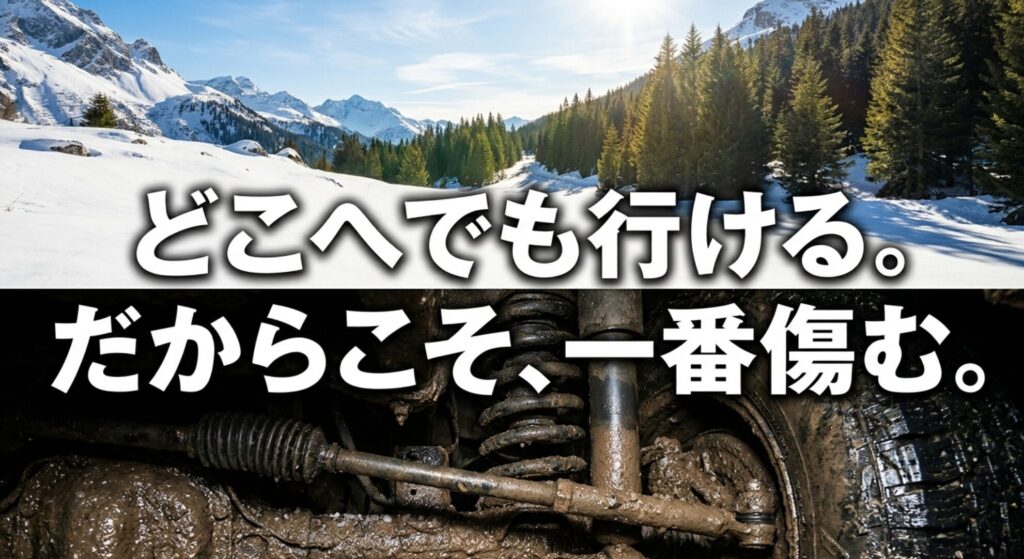 雪山と泥で汚れた下回りを対比し、4WDは行ける場所が多いぶん下回りが傷みやすいことを示す画像