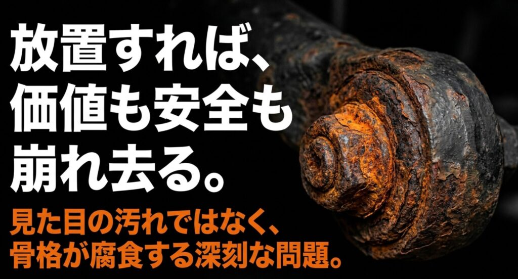 錆びた足回り部品の拡大と、融雪剤放置が安全性と資産価値に影響することを示すスライド