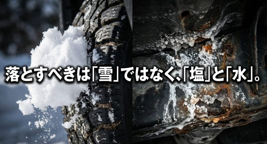 タイヤに付いた雪と下回りに残る塩分・サビを対比し、雪ではなく塩と水を落とす重要性を示すスライド