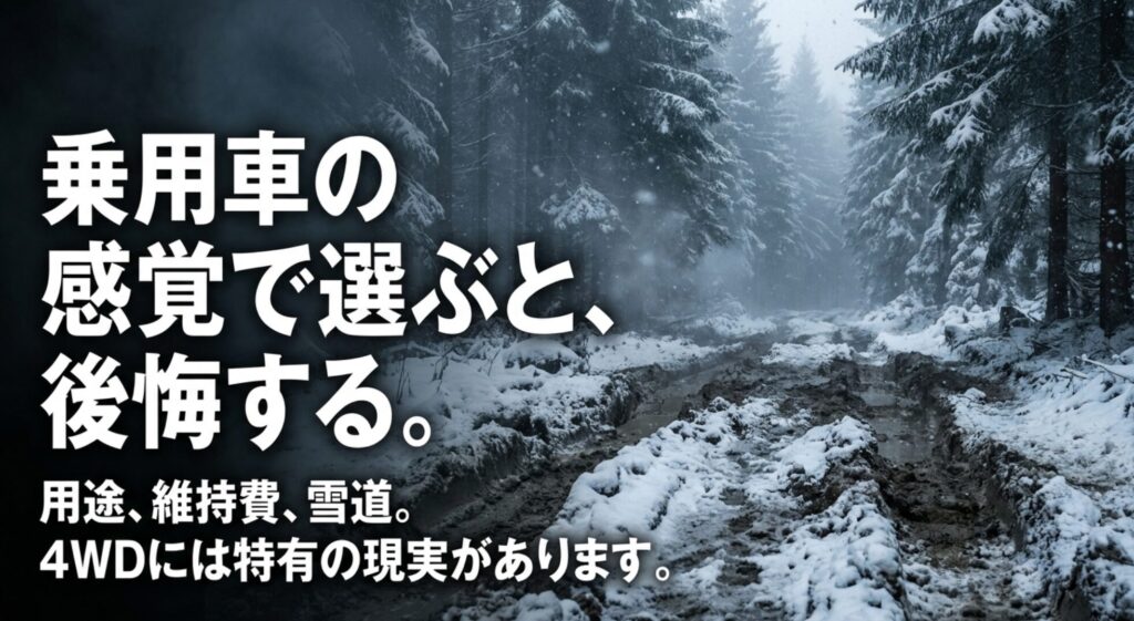 雪道の悪路を背景に、乗用車の感覚で4WDを選ぶと後悔しやすいことを伝えるスライド